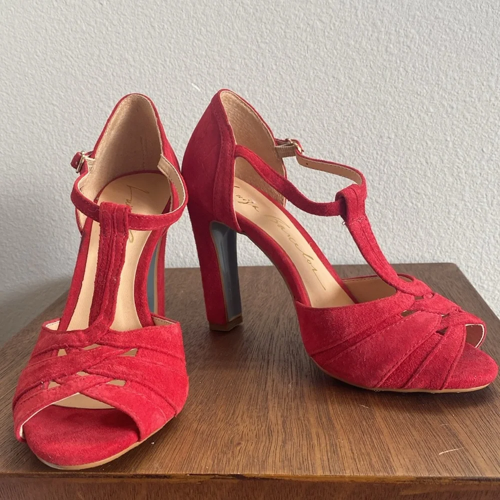 Luiza Barcelos Red Suede Blue Soled Strappy Heels, Brazil, Women’s 6 B